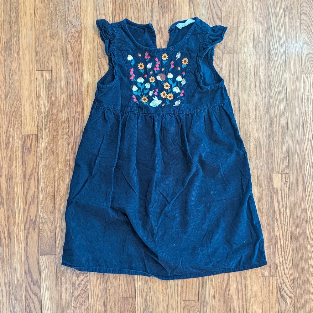 Floral Embroidered Kids Dress - Navy Corduroy